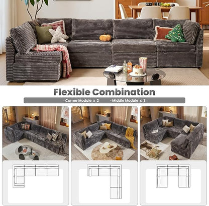 ovios Modular Sectional Sofa Couch with U-Shape Chaise Oversized, Comfy Plush Corduroy Cloud Couches, Modern Luxury Deep Seat Sofas Set for Living Room, 5-Seater, Grey