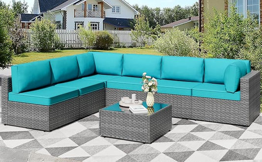 Shintenchi 7 Pieces Outdoor Patio Furniture Sets, Patio Sectional Sofa Couch, Silver Gray PE Wicker Furniture Modular Patio Conversation Sets Patio Sofa with Washable Cushions & Coffee Table (Blue)
