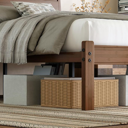 RLDVAY Queen Bamboo Platform Bed, Mid-Century 14" Queen Bed Frame, Walnut Bed Frame Queen Size with Solid Headboard/Footboard, Sturdy Metal Slats Support, No Box Spring Needed, Easy Assembly