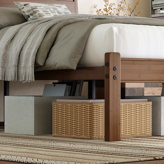 RLDVAY 14 Inch Bamboo Bed Frame King, King Size Platform Bed Frame with Headboard, Solid Bamboo Wood King Bed Frame, Mid Century/Modern/Metal Slat/Walnut/No Box Spring Needed