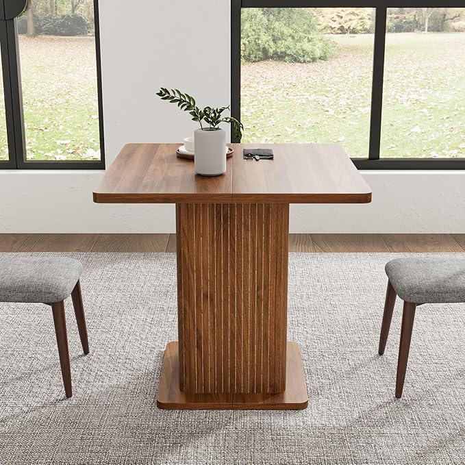 Small Square Dining Table for 2-4, 31.5 Inch Farmhouse Kitchen Table with 2-Tier Storage Shelf, Modern Wood Dinner Furniture with Fluted Doors, Dining Room, Living Room, Space Saving, Walnut