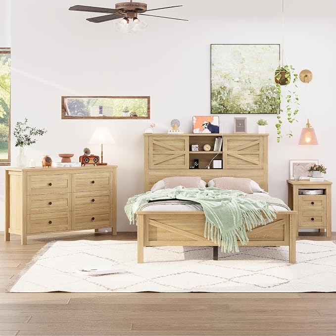 Farmhouse 3-Pieces Bedroom Sets, Queen Size Platform Bed with a Nightstand and 6-Drawer Storage, Wood Platform Bed with Double Sliding Door Storage Headboard and Charging Station (Queen)