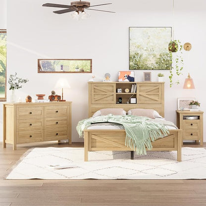 Farmhouse 3-Pieces Bedroom Sets, Queen Size Platform Bed with a Nightstand and 6-Drawer Storage, Wood Platform Bed with Double Sliding Door Storage Headboard and Charging Station (Queen)