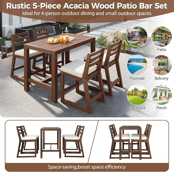 Quarte 5-Piece Acacia Wood Patio Bar Set, Rustic Outdoor Dining Table & Chairs, All-Weather Solid Wood Slatted Tabletop, Space-Saving for Garden, Patio, or Balcony (Mocha-5)