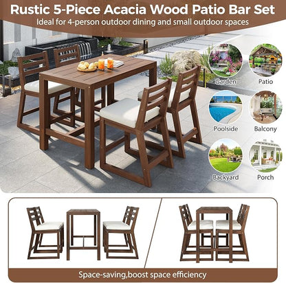 Quarte 5-Piece Acacia Wood Patio Bar Set, Rustic Outdoor Dining Table & Chairs, All-Weather Solid Wood Slatted Tabletop, Space-Saving for Garden, Patio, or Balcony (Mocha-5)