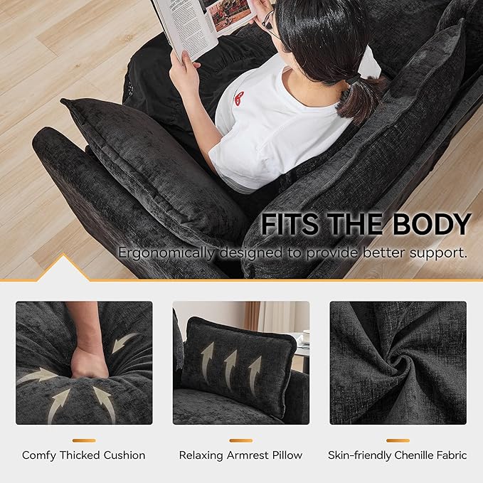 76'' Cloud Deep Seat Loveseat Sofa, Upholstered Chenille Modular 2-Seats Sectional Sofa Couch with Movable Ottoman, Modern Comfy Settee Loveseat for Living Room Set, Small Apartment, Dark Grey