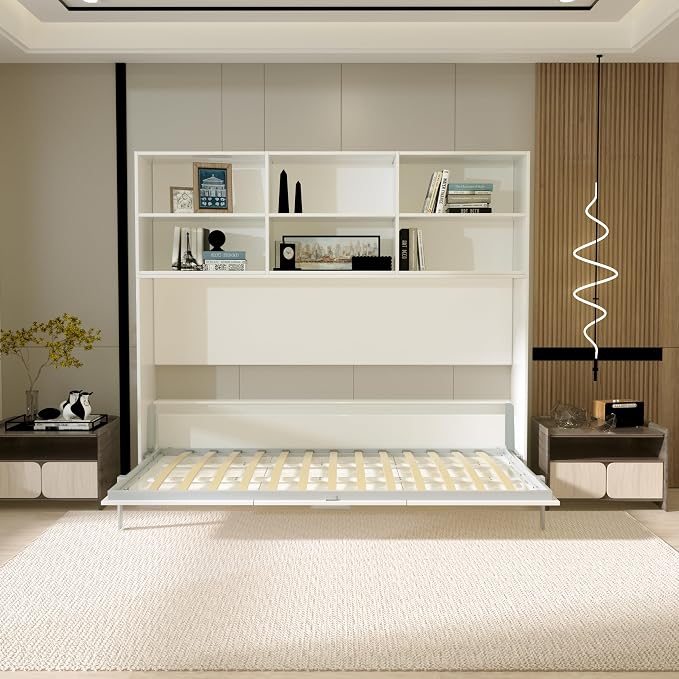 Twin Size Flipping Murphy Bed Cabinet with Shelf Storage, Modern Hideaway Beds, Wall Bedframe for Bedroom,Space-Saving, Noise Free, White