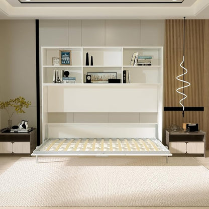 Twin Size Flipping Murphy Bed Cabinet with Shelf Storage, Modern Hideaway Beds, Wall Bedframe for Bedroom,Space-Saving, Noise Free, White