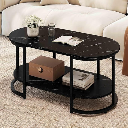 Giantex 2-Tier Coffee Table, Oval Center Table with Faux Marble Top & Open Storage Shelf, Modern Accent Table with Heavy Duty Metal Frame, Cocktail Table for Living Room Reception (Black Marble)