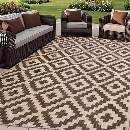 SAND MINE Reversible Mats, Plastic Straw Rug, Modern Area Rug, Large Floor Mat and Rug for Outdoors, RV, Patio, Backyard, Deck, Picnic, Beach, Trailer, Camping (5' x 8', Brown & Beige)