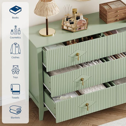 GarveeHome Fluted Dresser for Bedroom, 54 Inch Wide 6-Drawer Wood Dresser, Modern Chest of Drawers, Storage Organizer Cabinet for Living Room, Hallway, Entryway, Green