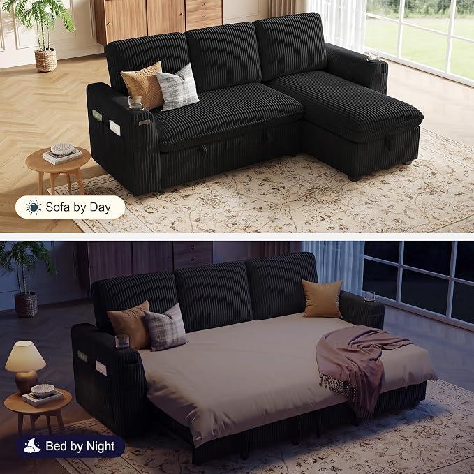 Sectional Sleeper Sofa with Pull Out Bed, Plush Corduroy Sectional Sofa with Storage Chaise and Adjustable Backrest, Cloud Sectional Couches for Living Room, Apartment, Black