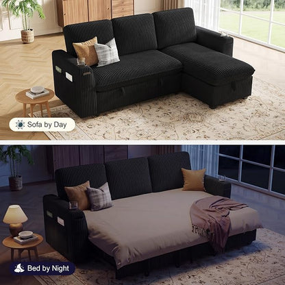 Sectional Sleeper Sofa with Pull Out Bed, Plush Corduroy Sectional Sofa with Storage Chaise and Adjustable Backrest, Cloud Sectional Couches for Living Room, Apartment, Black