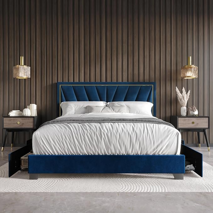 HOME DESIGN Valdez King Size Upholstered Storage Platform Bed Frame, Velvet Fabric, Channel Tufted Headboard, 4 Drawers, No Box Spring Needed, Blue