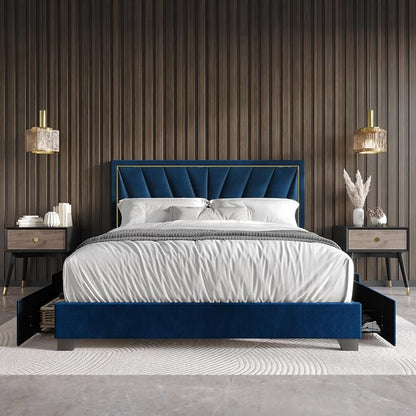 HOME DESIGN Valdez King Size Upholstered Storage Platform Bed Frame, Velvet Fabric, Channel Tufted Headboard, 4 Drawers, No Box Spring Needed, Blue