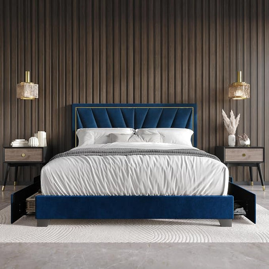 HOME DESIGN Valdez King Size Upholstered Storage Platform Bed Frame, Velvet Fabric, Channel Tufted Headboard, 4 Drawers, No Box Spring Needed, Blue