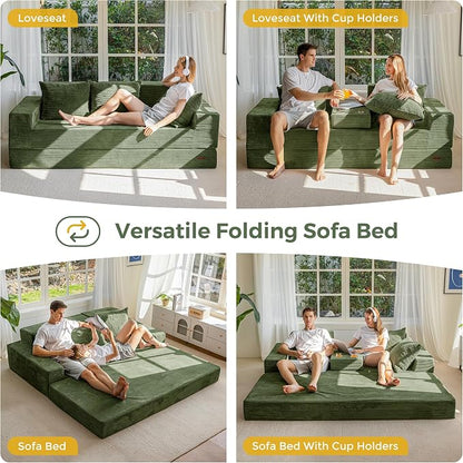 MAXYOYO Convertible Sofa Bed, 80" Oversized Boneless Loveseat Couch 4 in 1 Foldable Floor Sofa Couch in A Box with 2 Cup Holders, Folding Chair for Living Room, No Assembly Required, Green