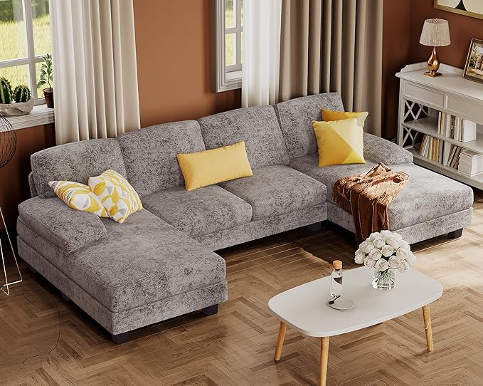 Furmax Sectional Couches for Living Room, U-Shaped Sofa Couch with Linen Fabric, 4 Seat Sofa Set with Double Chaise for Apartment (Chenille, Grey)