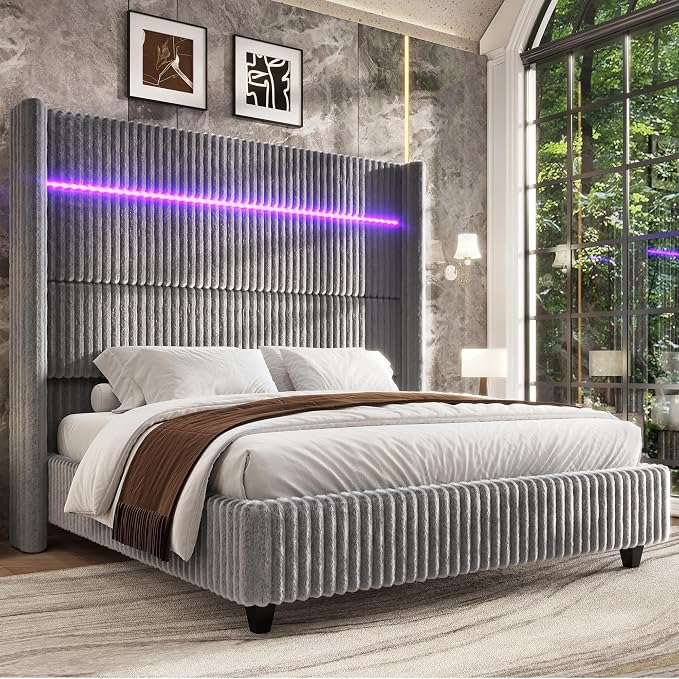 Jocisland Queen Bed Frame Faux-Fur Upholstered 60" Tall Headboard, Gray | Wingback Headboard, LED lights,USB Charging, Noise-free, No box spring needed, easy assembly, for Couples & Guest Room