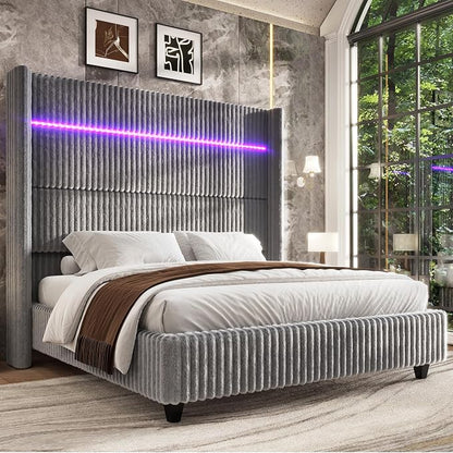 Jocisland Cal King Bed Frame Faux-Fur Upholstered 60" Tall Headboard, Gray | Wingback Headboard, LED lights, USB Charging, Noise-free, No box spring needed, easy assembly, for Tall People