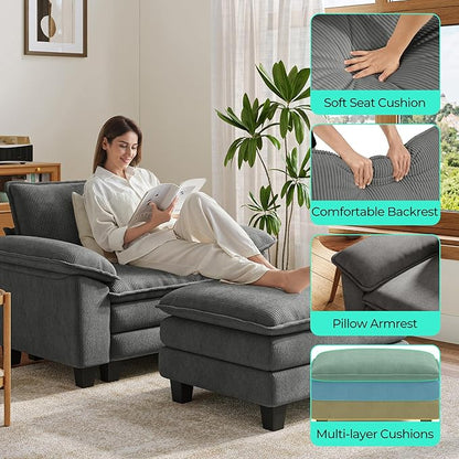 LINSY HOME Cloud Sofa Accent Chair with Ottoman Chaise Lounge Chair Indoor, Corduroy Couch Sofa Chair for Living Room Apartment Bedroom Office, Grey
