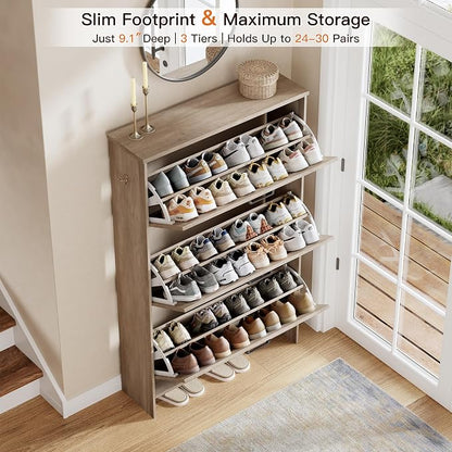 Nicetree Farmhouse Gray Shoe Cabinet – Ultra Slim 3-Drawer Flip Organizer with Shaker Barn Door Accents, 3 Adjustable Shelves, and Freestanding Compact Design, Shoe Rack Stores Multiple Pairs