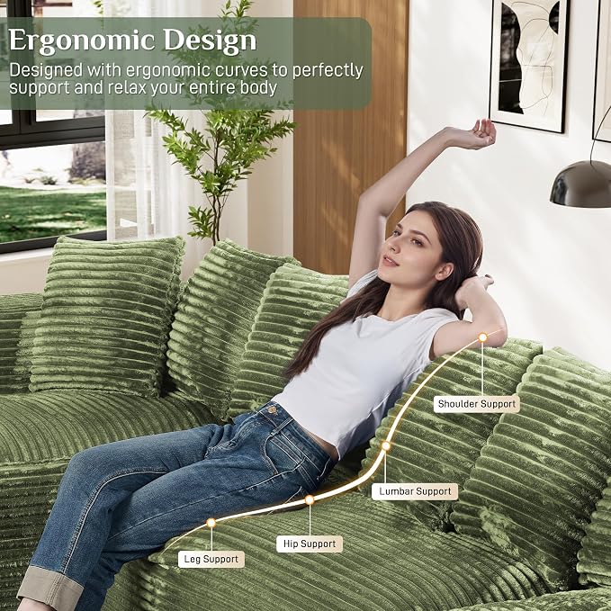 131" Oversized U Shaped Cloud Sectional Couches for Living Room, Comfy Fluffy Corduroy Green Boneless Sectionals Couch, Plush Memory Foam Modular Sectional Sofa with Chaise- 19" Seat Height