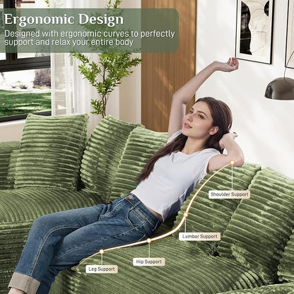 131" Oversized U Shaped Cloud Sectional Couches for Living Room, Comfy Fluffy Corduroy Green Boneless Sectionals Couch, Plush Memory Foam Modular Sectional Sofa with Chaise- 19" Seat Height