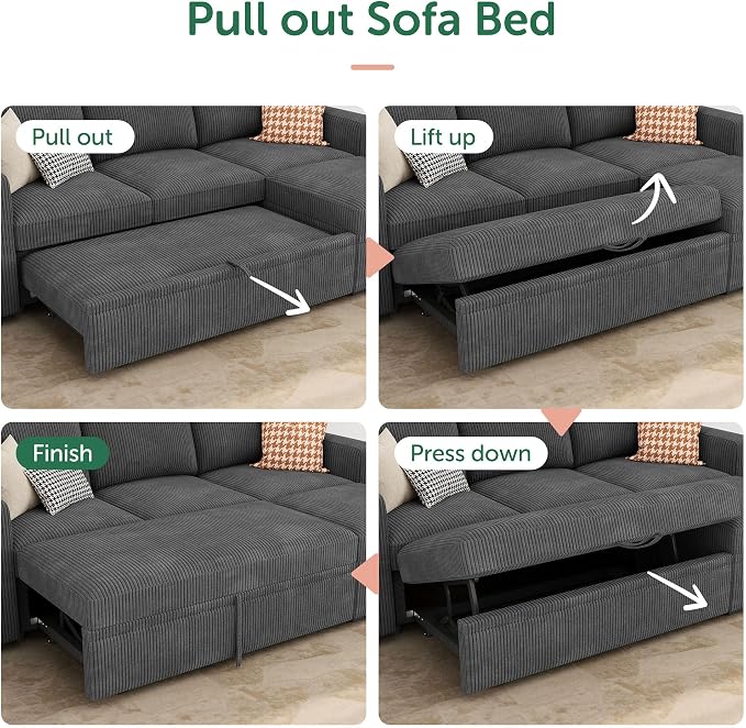HONBAY Modular Sectional Sleeper Sofa with Pull Out Bed, L Shaped Sofa with Storage, Modular Sectional Couches for Living Room, Dark Grey