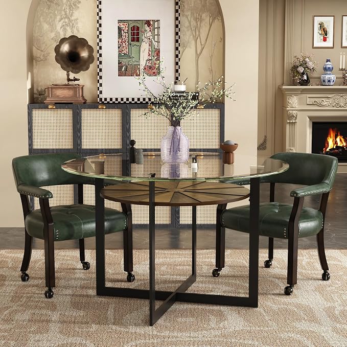 LEEMTORIG Set of 2 Large Dining Chairs with Casters and Arms, Rolling Dining Chairs with Wheels, Game Poker Chairs, Boss Caption's Chairs, 26" Dx25.2 Wx31.5 H, Espresso Legs & Green PU, XXY-1910-GN