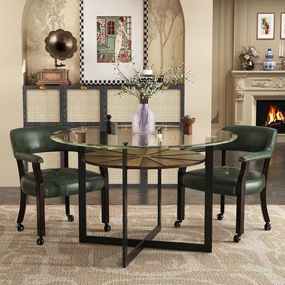 LEEMTORIG Set of 2 Large Dining Chairs with Casters and Arms, Rolling Dining Chairs with Wheels, Game Poker Chairs, Boss Caption's Chairs, 26" Dx25.2 Wx31.5 H, Espresso Legs & Green PU, XXY-1910-GN
