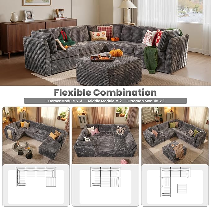 ovios Modular Sectional Sofa Couch with L-Shape Chaise Ottoman, Comfy Plush Corduroy Cloud Couches, Modern Luxury Deep Seat Sofas Set for Living Room, 6-Seater, Grey