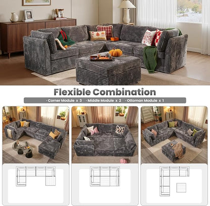 ovios Modular Sectional Sofa Couch with L-Shape Chaise Ottoman, Comfy Plush Corduroy Cloud Couches, Modern Luxury Deep Seat Sofas Set for Living Room, 6-Seater, Grey