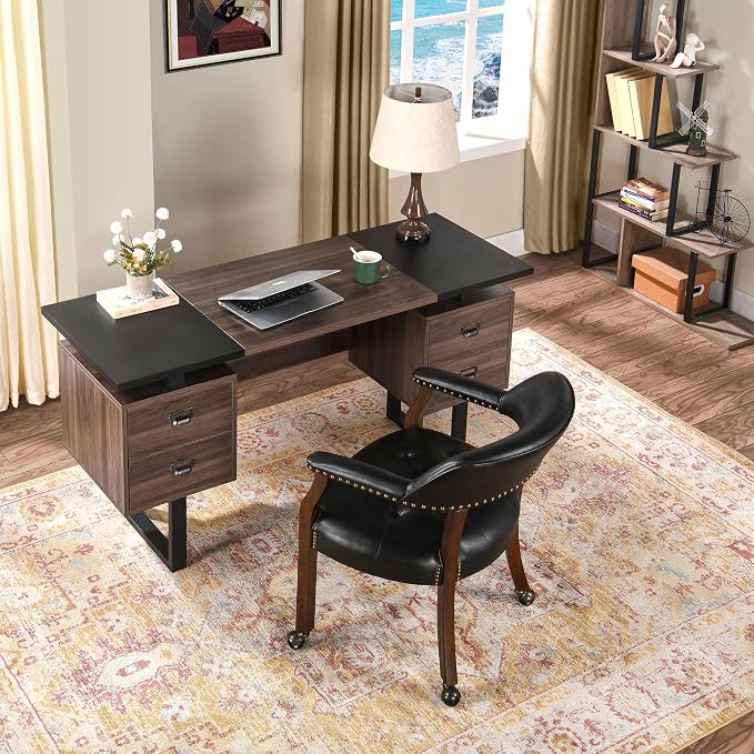LEEMTORIG Set of 8 Large Dining Chairs with Casters and Arms, Rolling Dining Chairs with Wheels, Accent Poker Game Chairs, Wood Office Chairs, Cherry Legs & Black SY-1533-BK