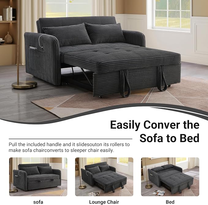55.5" Corduroy Convertible Sofa Bed, Pull Out Sleeper Sofa Bed, Loveseat Couch with USB Charging Ports, 3 in 1 Convertible Sleeper Sofa Bed for Living Room, Apartment, Bedroom, RV, Grey