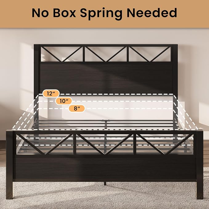 LIKIMIO King Bed Frame, Tall Industrial Headboard 51.2 ", Platform Bed Frame with Strong Metal Support, Solid and Stable, Noise Free, No Box Spring Needed, Easy Assembly, Black