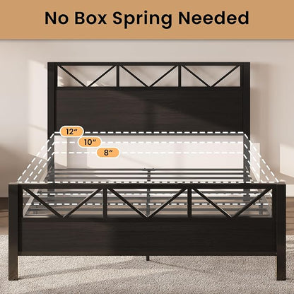 LIKIMIO King Bed Frame, Tall Industrial Headboard 51.2 ", Platform Bed Frame with Strong Metal Support, Solid and Stable, Noise Free, No Box Spring Needed, Easy Assembly, Black