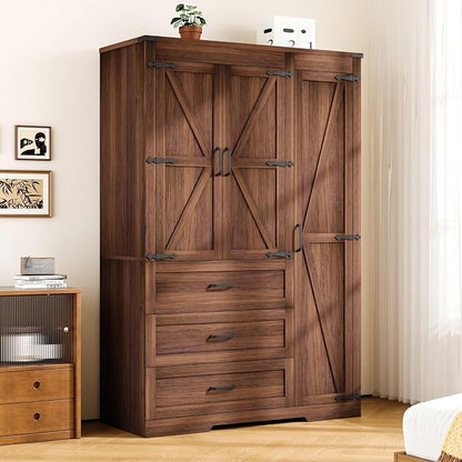Farmhouse Wooden Armoire Storage Cabinet with Adjustable Shelves & Hanging Rod, 3 Doors Wardrobe Armoire Closet with Drawers, 70" Freestanding Clothing Storage Cabinet for Bedroom, Brown