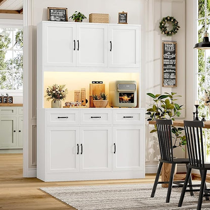 HOSTACK 72" Tall Kitchen Pantry Cabinet with Charging Station | LED Lights, 47" W Kitchen Pantry Storage Cabinet with Countertop, Modern Kitchens Hutch Cabinets with Storage for Dining Room, White