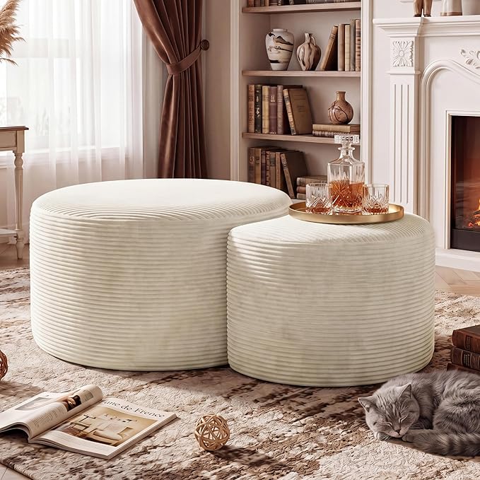 BSHOMGI Round Coffee Table Set of 2, Movable Ottoman for Corduroy Cloud Sectional Couches Circle Foam Round Side Table for Living Room, Bedroom Entryway and Small Spaces No Assembly (Beige)