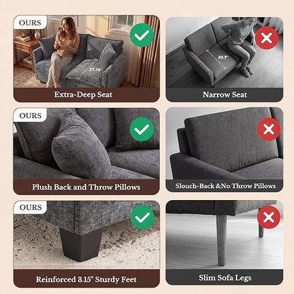Loveseat Sofa with Cloud 3-Layer Cushion & 27" Deep Seat, Modern Love Seat Small Couch with 2 Washable Pillows for Small Spaces, Bedroom, Apartment, Office, Living Room, in a Box, 50-Inch Grey