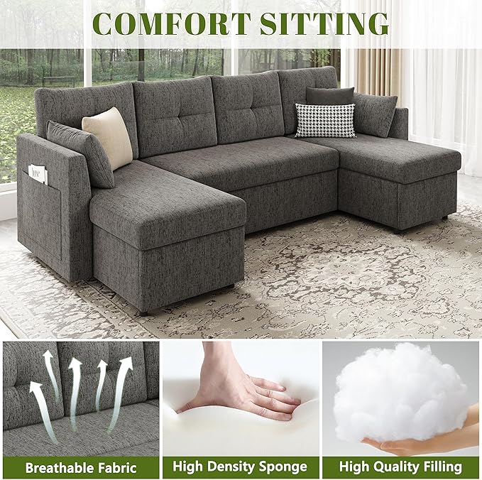 Huatean Home Oversized Sleeper Couch Sofa, 110 inch 2 in 1 Pull Out Couch with Double Storage Chaise, Sectional Sleeper Sofa Bed with Side Pocket for Living Room, Dark Grey