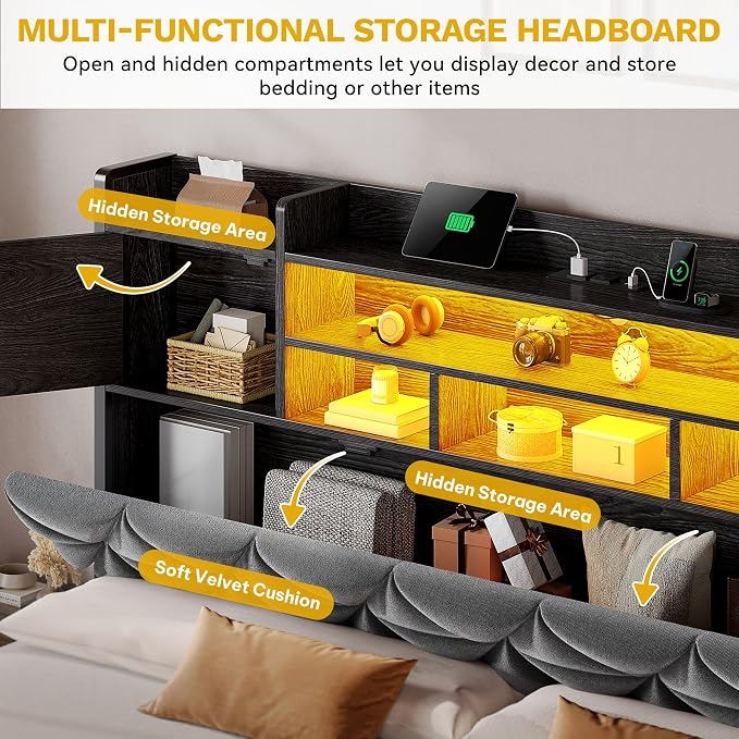 YITAHOME Queen Size Bed Frame with RGB LED Lights & Storage Bookcase Headboard, Upholstered Bed with Charging Station and 4 Drawers, No Box Spring Needed, Easy Assembly, Noise-Free, Velvet Grey