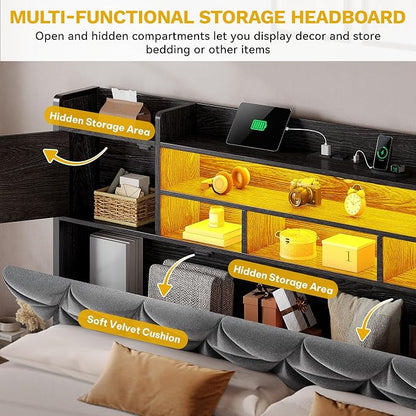 YITAHOME Queen Size Bed Frame with RGB LED Lights & Storage Bookcase Headboard, Upholstered Bed with Charging Station and 4 Drawers, No Box Spring Needed, Easy Assembly, Noise-Free, Velvet Grey