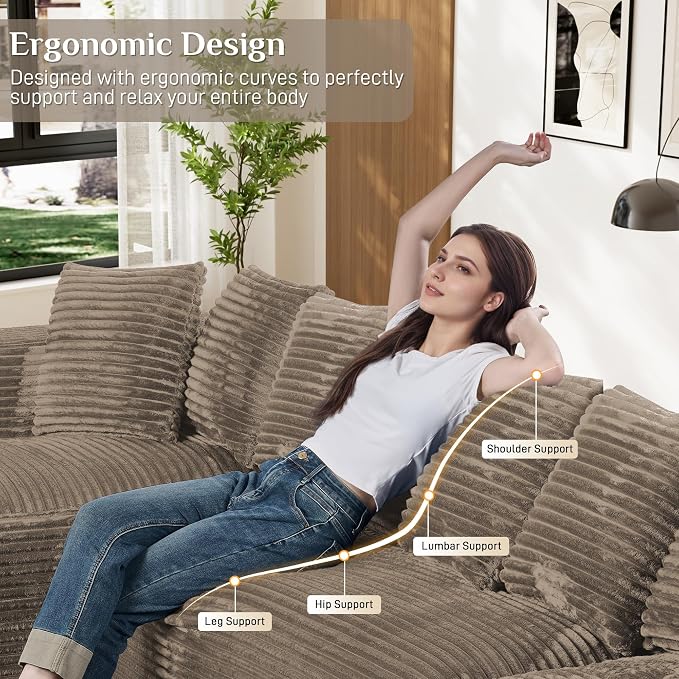 131" Oversized U Shaped Cloud Sectional Couches for Living Room, Comfy Fluffy Corduroy Brown Boneless Sectionals Couch, Plush Memory Foam Modular Sectional Sofa with Chaise- 19" Seat Height