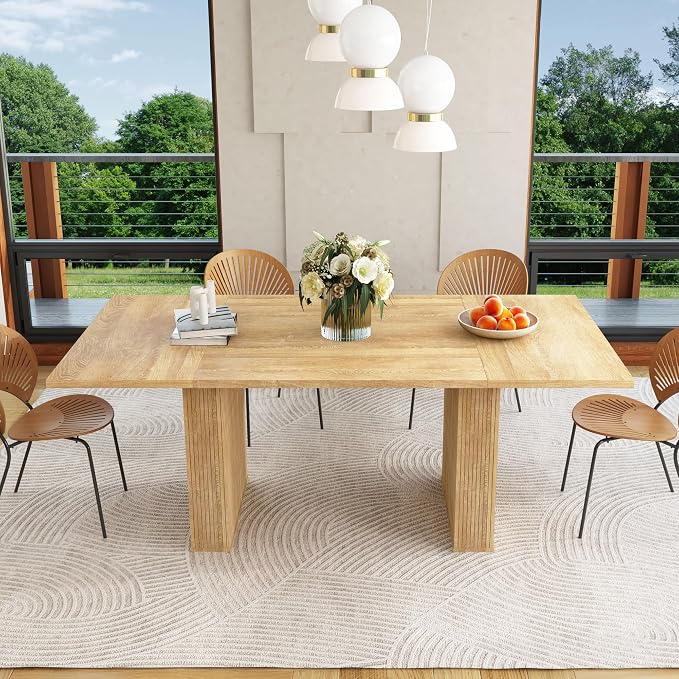 78 Inch Rectangular Dining Table for 6 to 10, Farmhouse Fluted Dining Kitchen Table, Modern Wood Long Dining Table for Kitchen Living Room, Natural