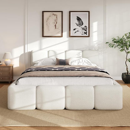Merax Queen Size Boucle Platform Bed with Thick Headboard and Footboard, Block Style Upholstery Grounded Bed Frame, White