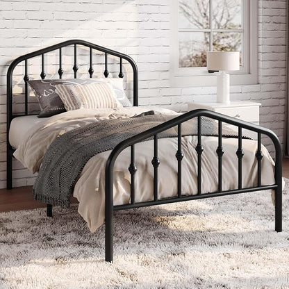 SHA CERLIN Twin Size Metal Platform Bed Frame with Victorian Style Wrought Iron-Art Headboard/Footboard, No Box Spring Required, Black