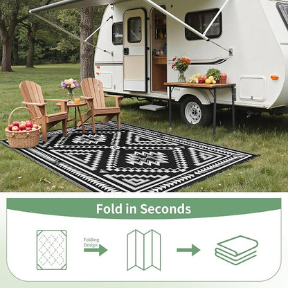 GENIMO Outdoor Rug for Patio Clearance - 6x9 ft Waterproof Plastic Camping Rugs, Reversible Outside Rv Mat Carpet for Porch, Deck, Picnic, Balcony, Beach, Backyard, Black White