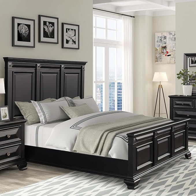 Roundhill Furniture Renova Vintage Black Wood Bedroom Set, King Panel Bed, Dresser, Mirror, Two Nightstands, Chest
